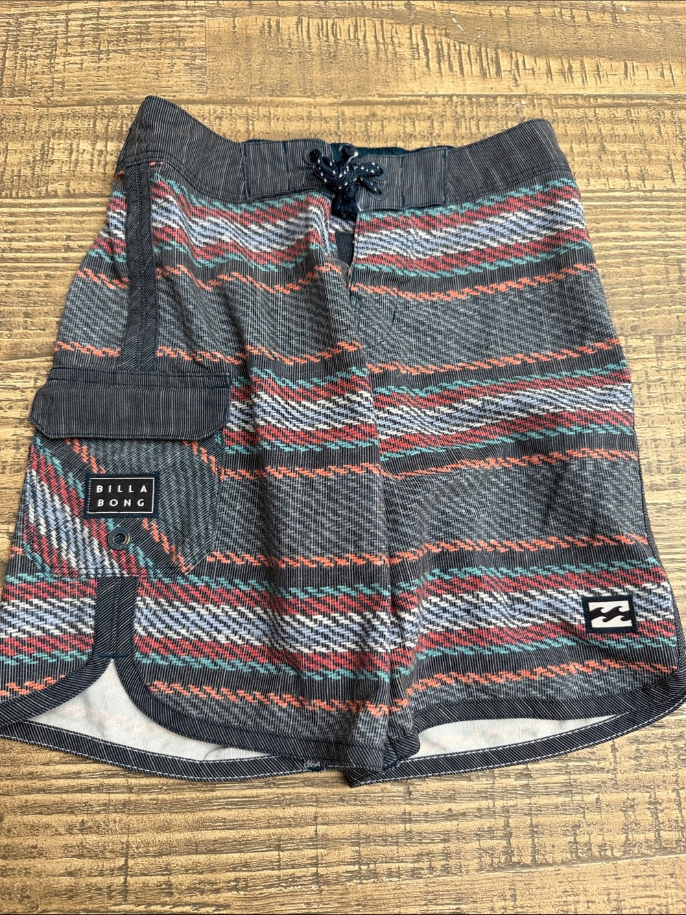 Billabong Kids Gray Swim Trunks with Red and Teal Stripes